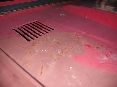 1968 Ford Bronco - Rust and peeling paint are evident on the hood of this 1968 Ford Bronco.