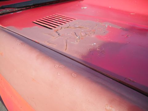 1968 Ford Bronco - The hood of a 1968 Ford Bronco shows significant paint damage, with rust and peeling evident.