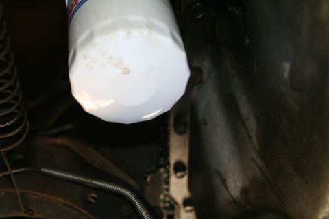 1982 Ford Bronco - A white oil filter is attached to the engine block, with visible wiring and a spring nearby.
