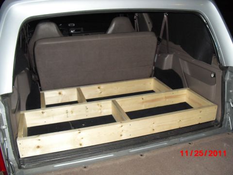 1996 Ford Bronco - Phase 2 of frame construction; this part will house the stereo amps and support the subwoofer. I wanted to keep it simple and skip trying t…