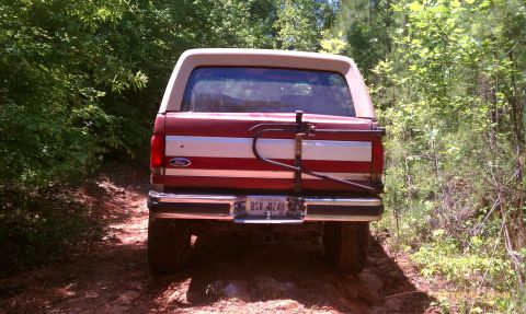 1987 Ford Bronco - This Ford Bronco is driving on a dirt path surrounded by dense foliage.