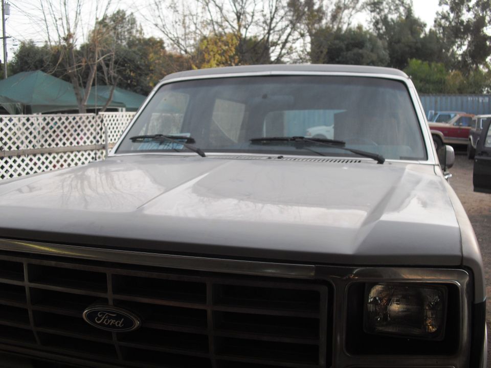 Gray Ford Bronco hood and grille with a 'Ford' emblem