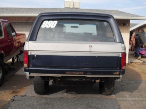 1986 Ford Bronco - Straight-on rear view of a two-tone dark blue and white full-size Ford Bronco parked on a driveway, with '990' vinyl numbers in the rear gl…