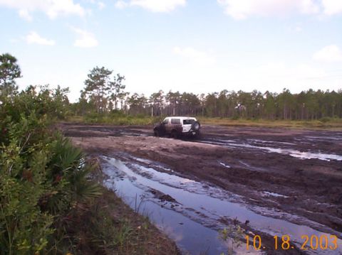 1995 Ford Bronco - A white SUV navigates a muddy track, its rear tire visible as it gets stuck.