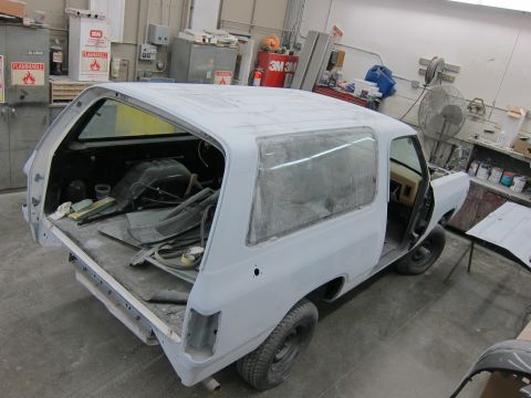 1987 Dodge 1500 - This 1987 Dodge Ramcharger is prepped for paint in a body shop environment.