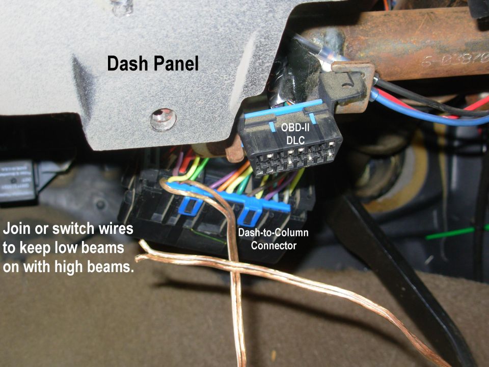 Under-dash OBD-II DLC and dash-to-column connector with bare copper jumper wire and instructional text