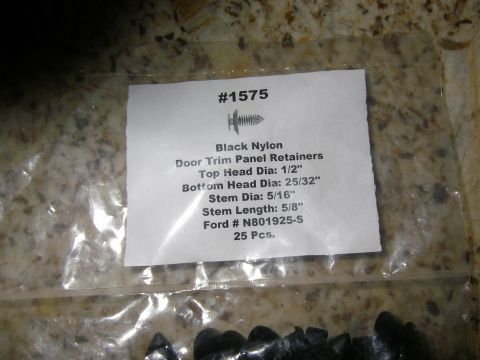 1990 Ford Bronco - A package of 25 black nylon door trim panel retainers is shown, with specifications listed on the label.