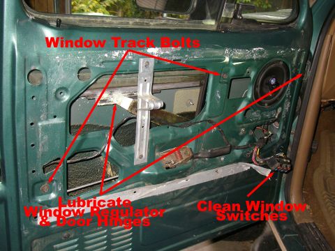 1990 Ford Bronco - Close-up of a car door's inner workings, detailing window mechanism components and maintenance instructions.