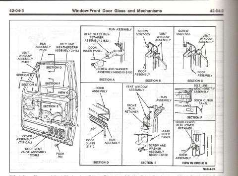 1990 Ford Bronco - Exploded parts views of front door window glass and run mechanisms across lettered sections with component part numbers.