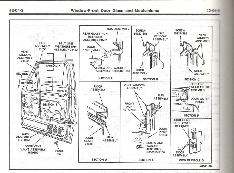 Service manual exploded views of front door glass and window mechanisms with part numbers