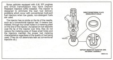 1990 Ford Bronco - Manual page describing deposit resistant injectors for 5.8L EFI engines with cutaway figures of the metering plate and needle.
