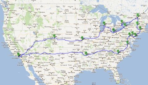1993 Ford Taurus - A map displays a plotted route across the United States, marked with various locations.