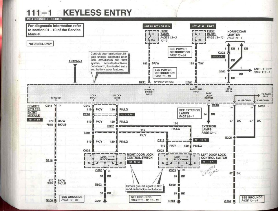 1994 Bronco F-Series keyless entry wiring schematic page 111-1 from service manual