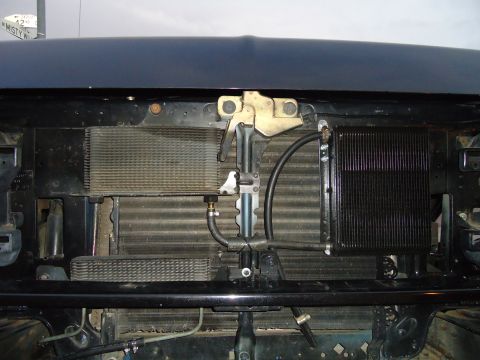 1987 Ford F-150 - Front view of the radiator and transmission cooler assembly on a 1987 Ford F-150.