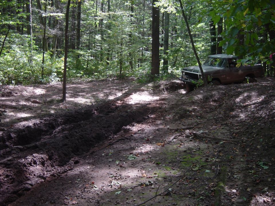 Old pickup truck stuck in mud on a wooded trail. Truck has a dented front fender and a rusty body