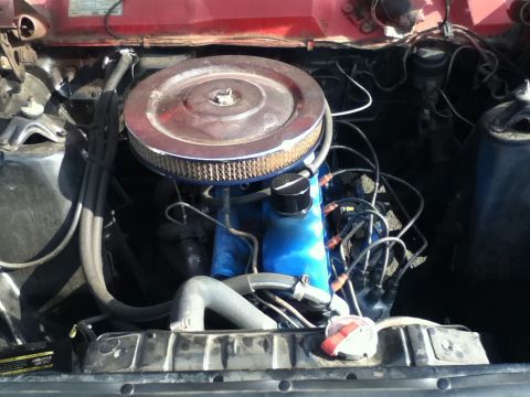 1966 Ford Ranchero - The engine bay of a 1966 Ford Ranchero, a blue engine block and a prominent chrome air cleaner assembly.
