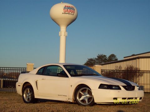 2000 Ford Mustang - A white 2000 Ford Mustang coupe with black racing stripes is parked in front of a water tower.