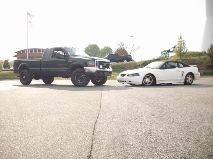 Green Ford F-250 truck parked next to a white Ford Mustang convertible