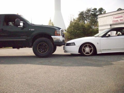 2000 Ford F-350 - A Ford F-350 truck is parked very close to a Ford Mustang, with a building in the background.
