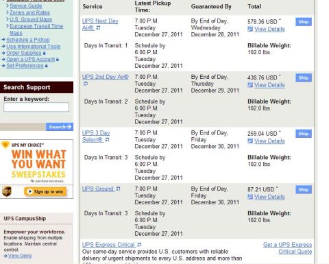 1966 Ford Fairlane - UPS shipping options page displays various delivery services with their respective costs and delivery estimates.