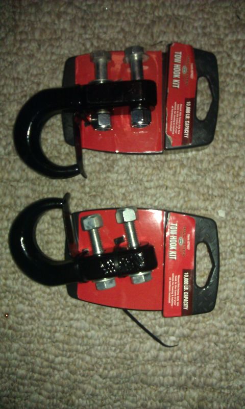 1984 Ford Bronco - Two tow hook kits are shown, each rated for a 10,000 lb capacity and a black hook with mounting hardware.