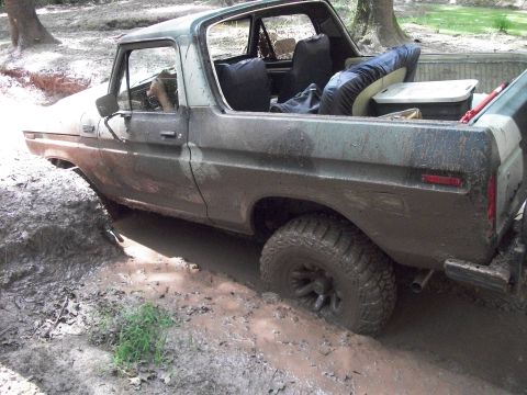 1979 Ford Bronco - This vehicle is stuck deep in the mud, with only its tires visible.