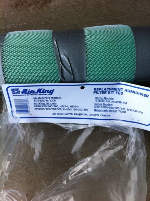 2010 Ford F-150 - Packaging for an Air King replacement humidifier filter kit, model F83, lists compatible Mastercraft and Air-King models.