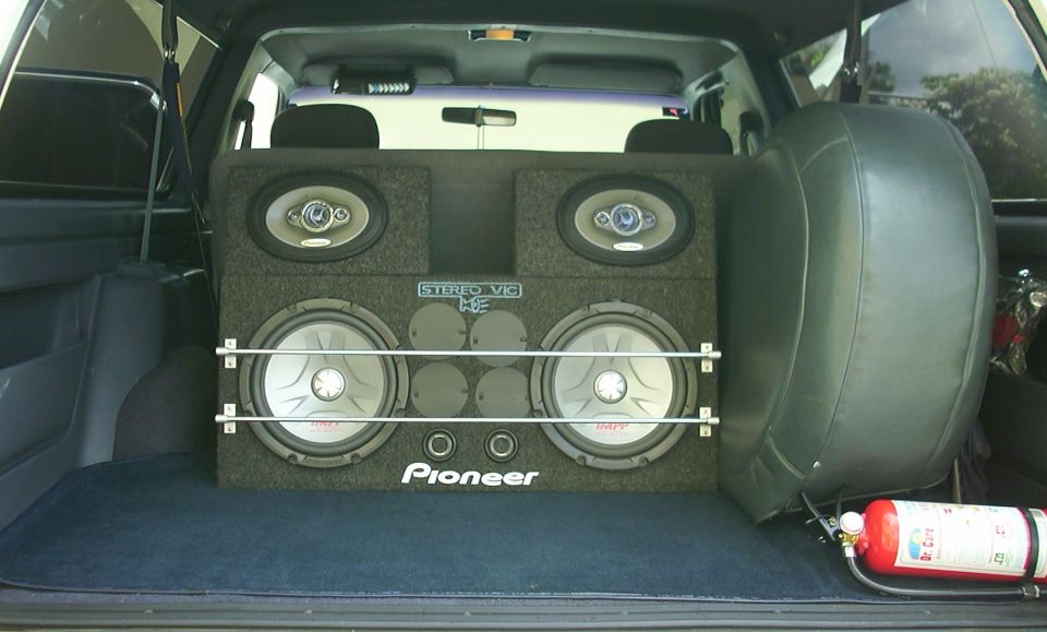 Subwoofers and additional speakers boxes.
They are easily removable if I need all avalable cargonspace and also I can use them in my other car.