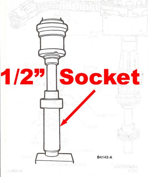 1990 Ford Bronco - Service-procedure illustration calling out use of a 1/2-inch socket on a vertical shaft component, ref B4142-A.
