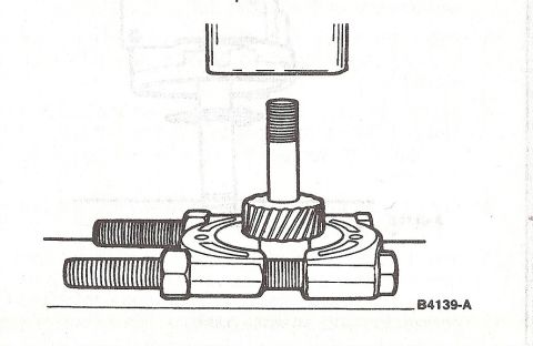 1990 Ford Bronco - Service-procedure illustration showing a splined shaft and fixture supported by threaded studs under a press, ref B4139-A.