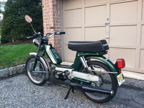 1981 Garelli Rally Sport - A green and white Garelli moped is parked in front of a garage door, displaying 'Gran Sport' on its side.