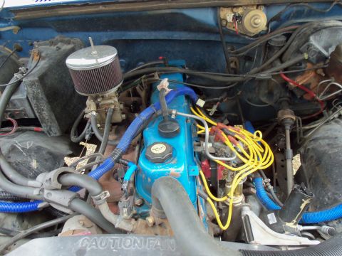1985 Ford Bronco - Close-up view of an engine bay blue valve covers and a prominent air filter assembly.