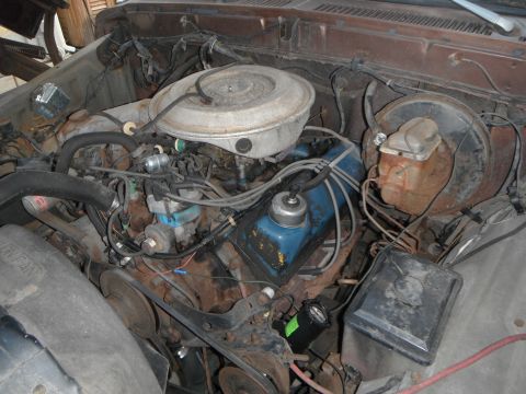 1979 Ford Bronco - Close-up view of a V8 engine, showing various components and some signs of wear and tear.