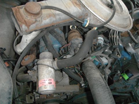 1979 Ford Bronco - Close-up view of an engine bay, showing various hoses, wires, and engine parts. A pink sticker with 'LO' is visible on a cylindrical compon…