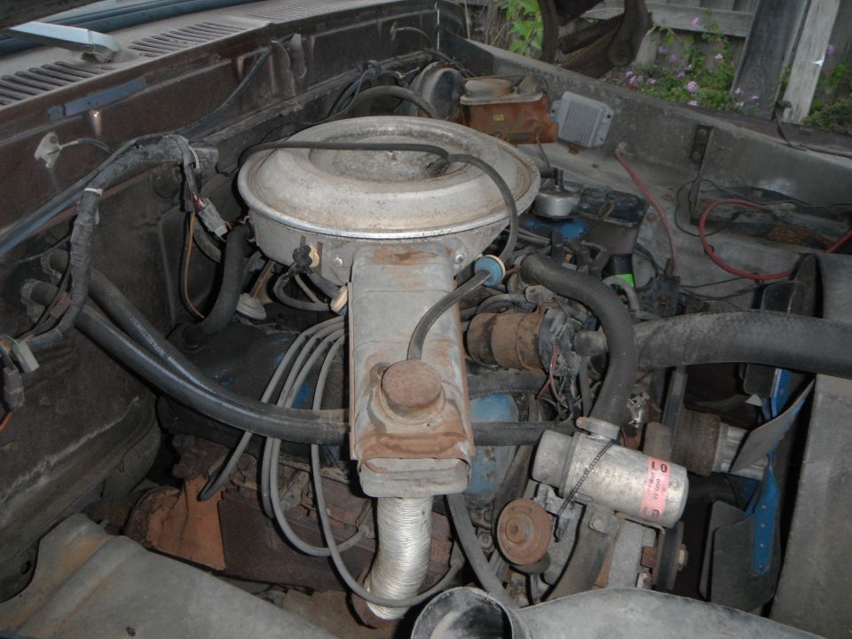 Engine bay with air cleaner, hoses, and engine components visible
