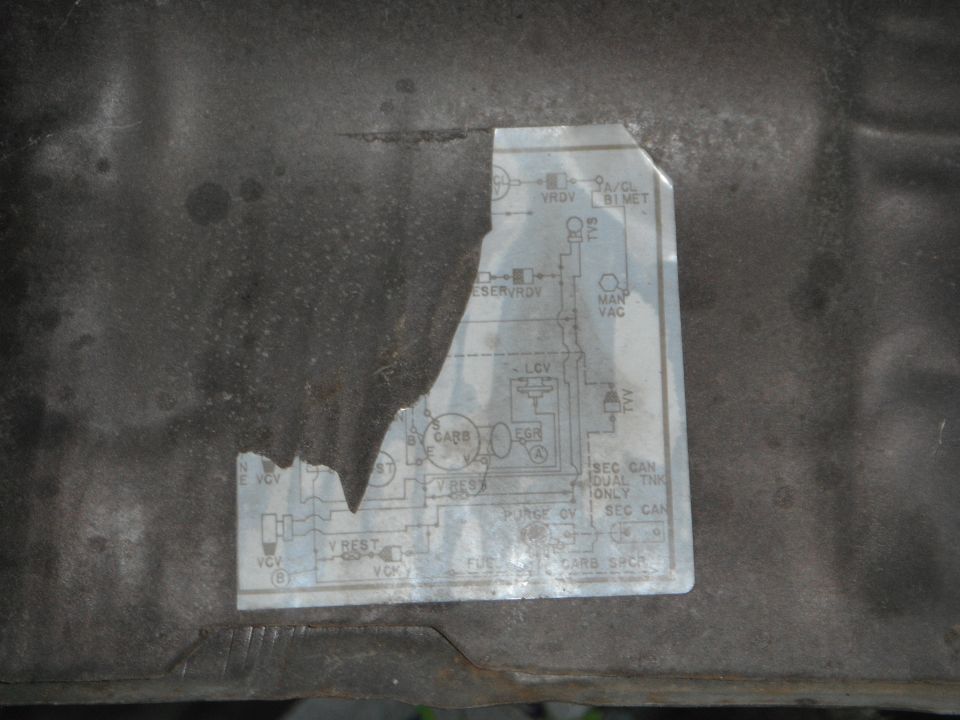 Torn underhood vacuum hose routing sticker with carb, EGR, VCV and VRDV callouts