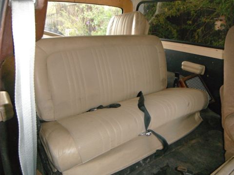 1979 Ford Bronco - The rear bench seat and interior of a vehicle are visible, with a view through the window to the outdoors.