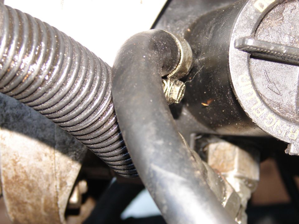 Corrugated hose clamped to a black hose connected to a black cap with text