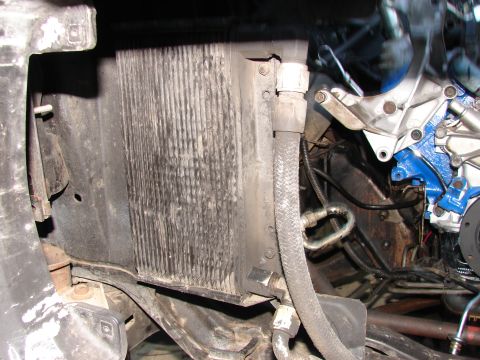 1973 Ford Ranchero - Close-up view of engine bay components, including the radiator and associated hoses.