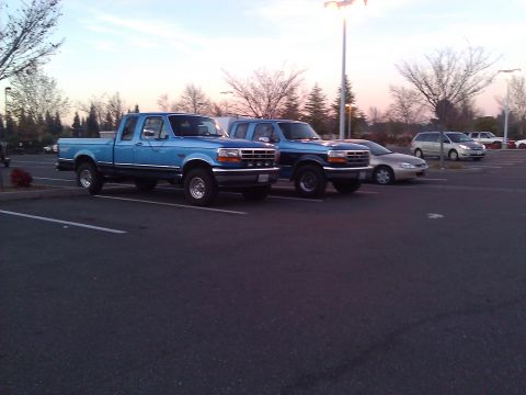 1992 Ford F-150 - Two blue Ford F-150 pickup trucks are parked in a lot during the day.
