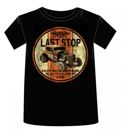 1991 Ford LTD Crown Victoria - This image shows a black t-shirt a graphic of a vintage hot rod with "Last Stop" and "Hot Rod Repair" text.