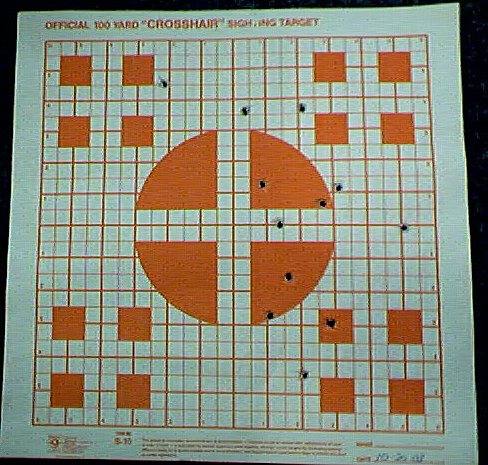 Target from my FIRST time shooting a hand gun. A 9mm. Out of 15 rounds I hit the target 12 times. :) 10/20/03