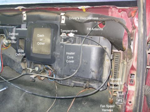 1983 Ford Bronco - Passenger firewall area. This truck hasn't yet gotten the updated dual temperature blend cable.