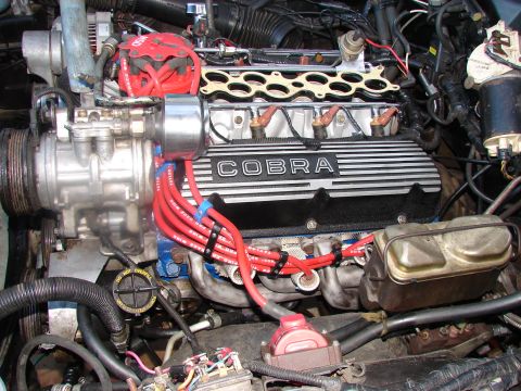 1973 Ford Ranchero - Engine bay detail Cobra valve covers and various engine parts.