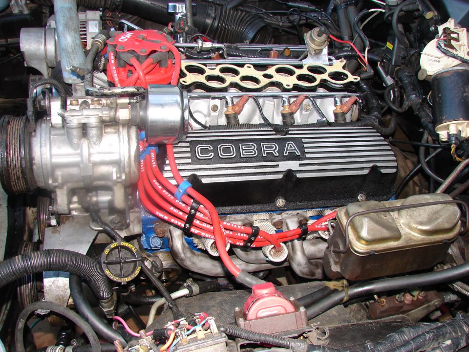 Close-up of an engine bay showing Cobra valve covers, red spark plug wires, and engine components