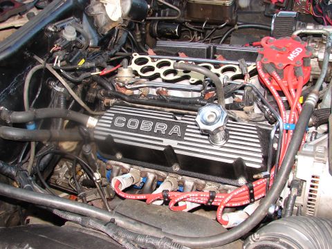 1973 Ford Ranchero - Close-up view of a car engine, showing the valve covers and ignition system.
