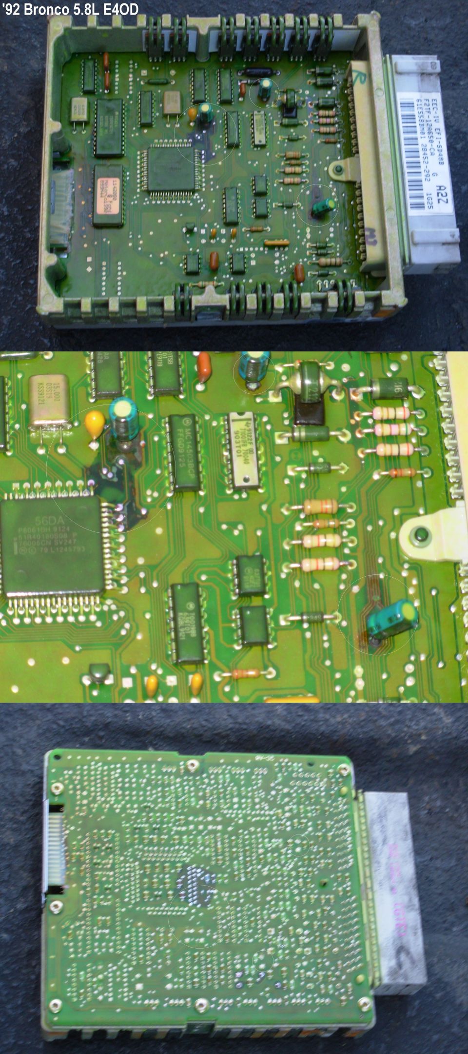 Three views of a green circuit board inside an automotive control module