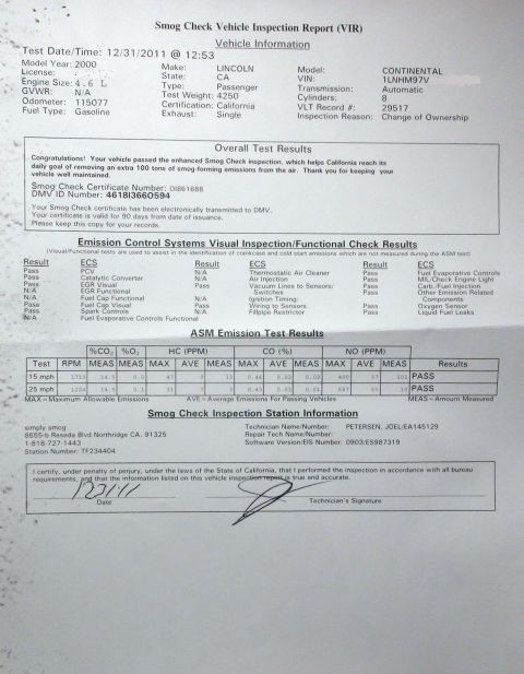 2000 Lincoln Continental - This document details the smog check inspection results for a 2000 Lincoln Continental, including emission test data and vehicle specifics.