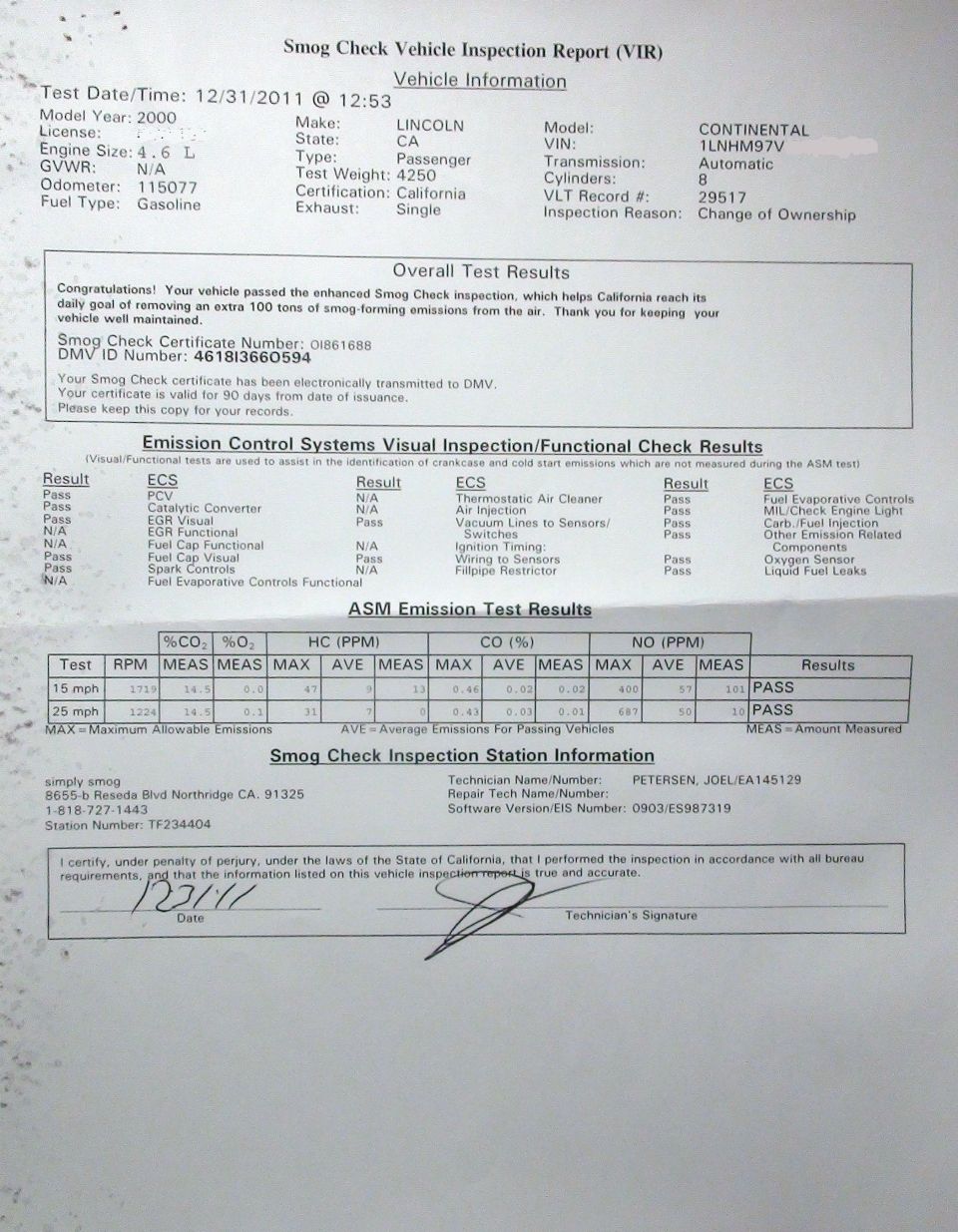 2000 Lincoln Continental California Smog Check Vehicle Inspection Report passed ASM emission test