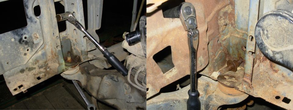 I've been soaking these with Liquid Wrench since I got the truck, and the L nut came off with no trouble.  But the R bolt, being under the battery, was too far gone to handle the torque of backing the nut off.